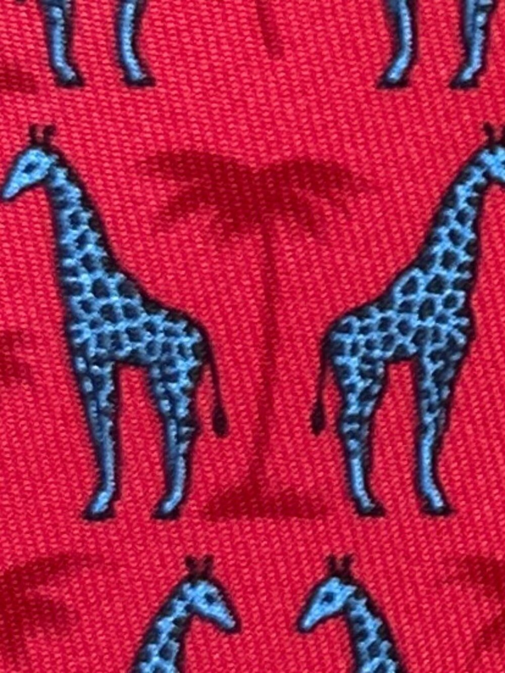 100% REAL HERMES TIE ~ CHERRY RED w FUN BLUE & BLACK AFRICAN GIRAFFE TREES XL